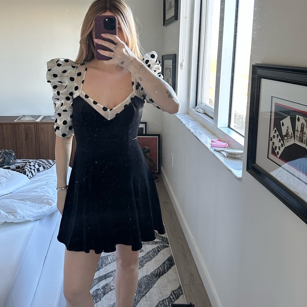 For Love And Lemons Black Dress with White Polka Dot Sleeves